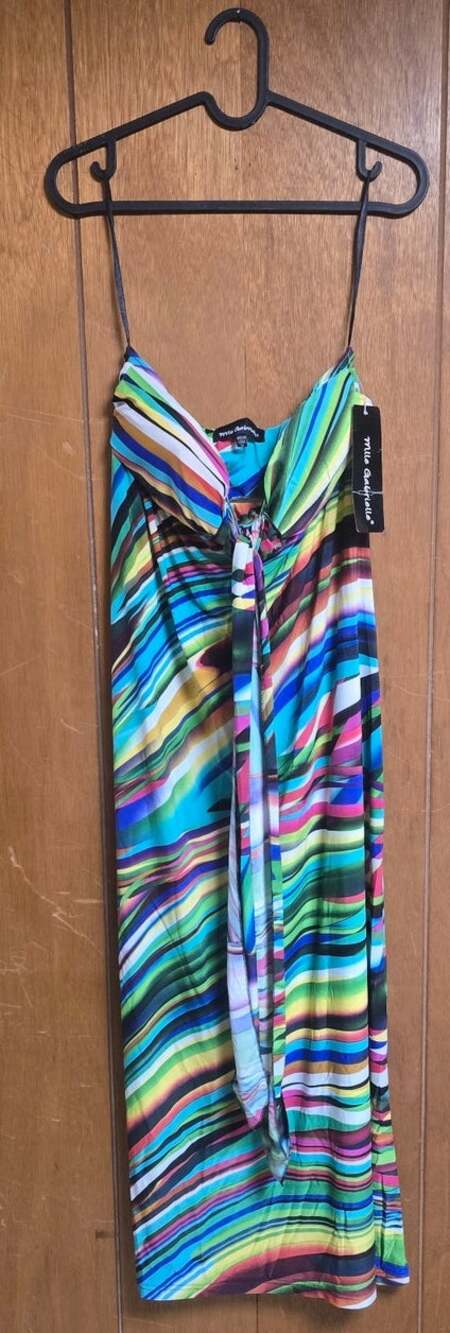 Mlle Gabrielle Womens M Midi Dress Multicolor Abstract Stripe Padded Bra NWT